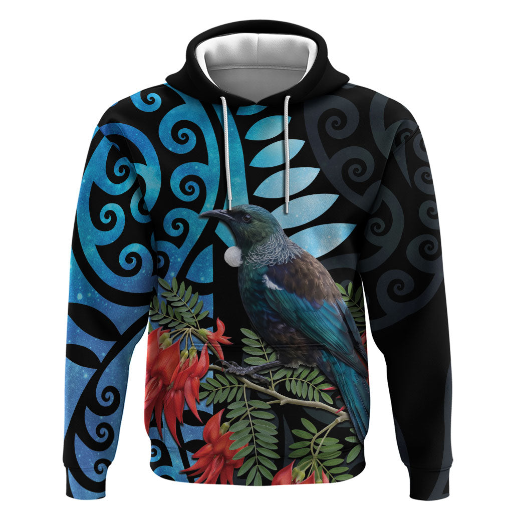 Tui Bird Kakabeak New Zealand Hoodie Clianthus Galaxy Maori Koru Pattern