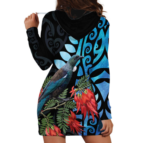 Tui Bird Kakabeak New Zealand Hoodie Dress Clianthus Galaxy Maori Koru Pattern
