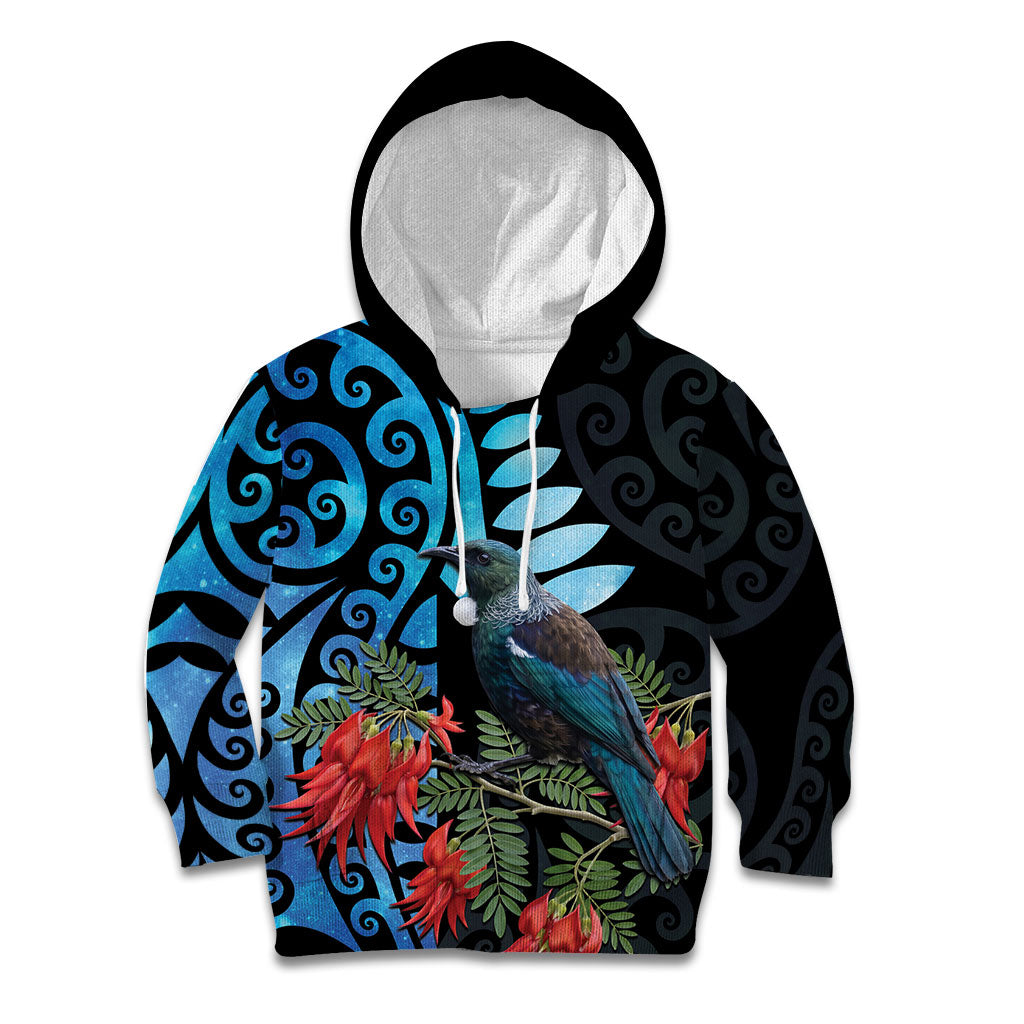 Tui Bird Kakabeak New Zealand Kid Hoodie Clianthus Galaxy Maori Koru Pattern