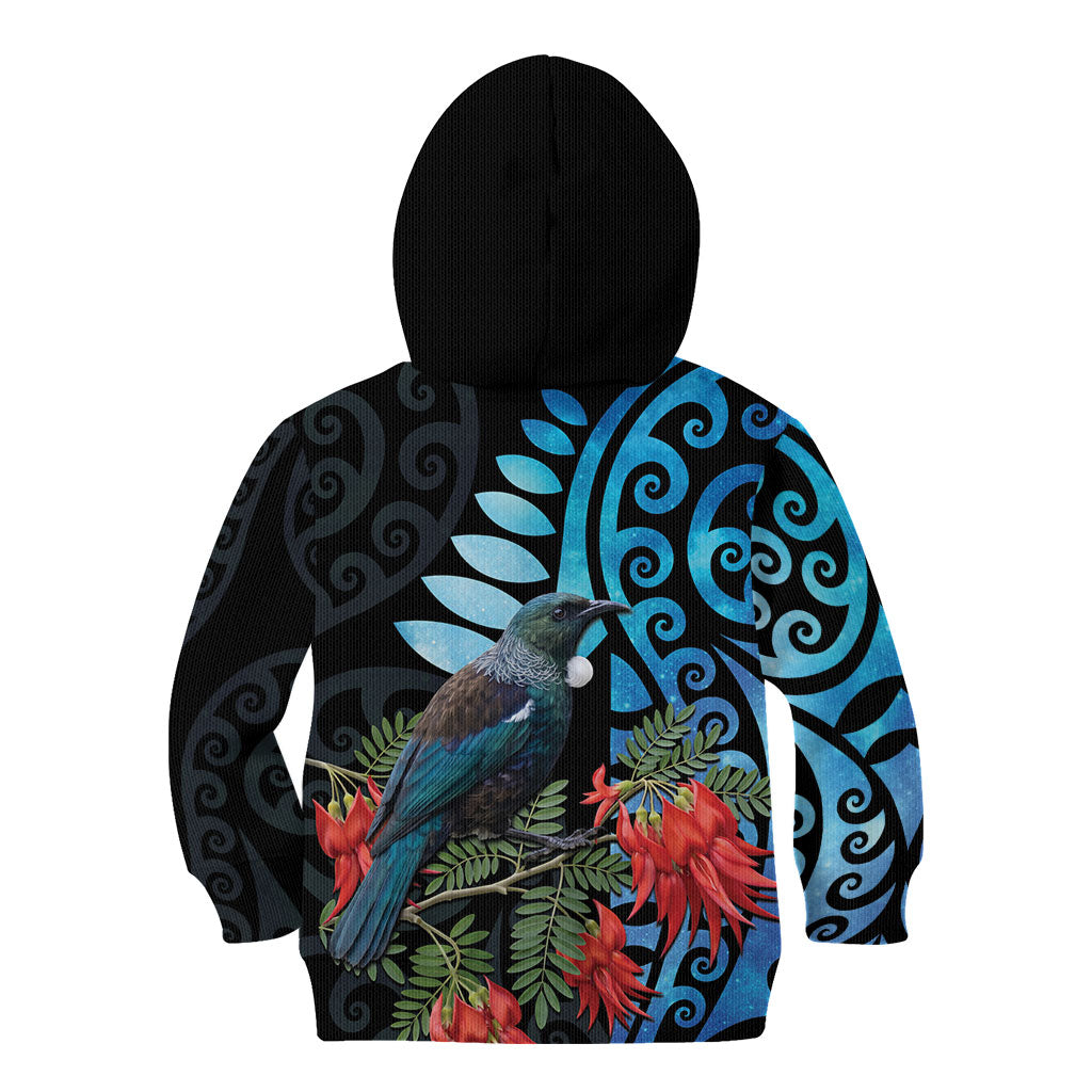 Tui Bird Kakabeak New Zealand Kid Hoodie Clianthus Galaxy Maori Koru Pattern
