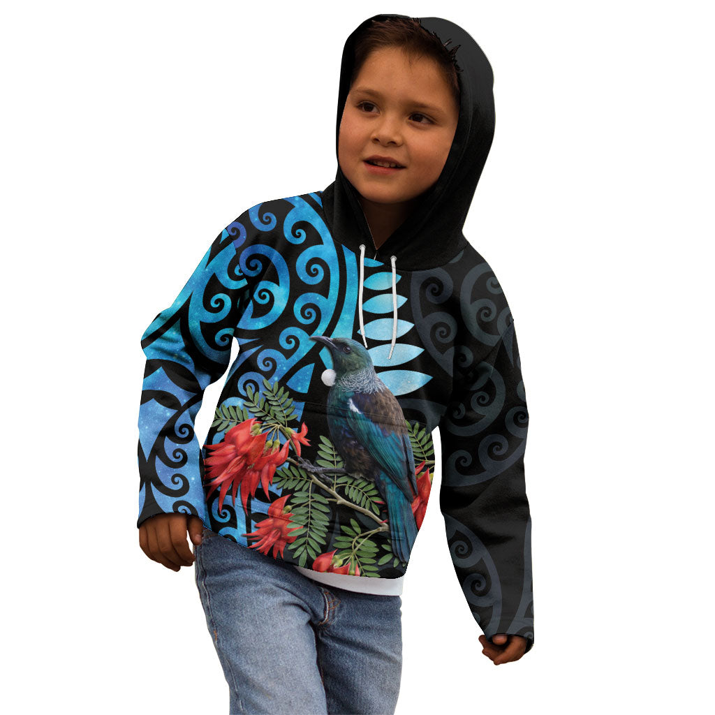 Tui Bird Kakabeak New Zealand Kid Hoodie Clianthus Galaxy Maori Koru Pattern