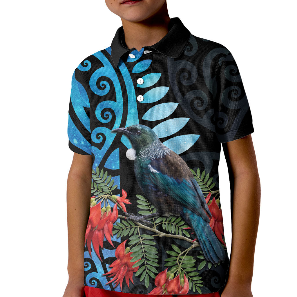 Tui Bird Kakabeak New Zealand Kid Polo Shirt Clianthus Galaxy Maori Koru Pattern