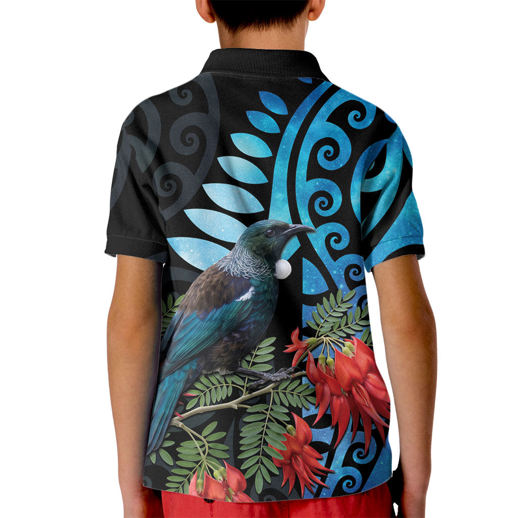 Tui Bird Kakabeak New Zealand Kid Polo Shirt Clianthus Galaxy Maori Koru Pattern