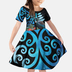 Tui Bird Kakabeak New Zealand Kid Short Sleeve Dress Clianthus Galaxy Maori Koru Pattern