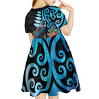 Tui Bird Kakabeak New Zealand Kid Short Sleeve Dress Clianthus Galaxy Maori Koru Pattern