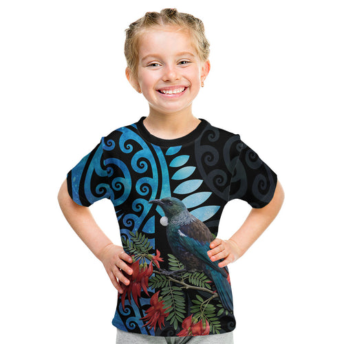 Tui Bird Kakabeak New Zealand Kid T Shirt Clianthus Galaxy Maori Koru Pattern