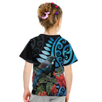 Tui Bird Kakabeak New Zealand Kid T Shirt Clianthus Galaxy Maori Koru Pattern