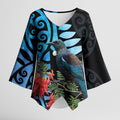 Tui Bird Kakabeak New Zealand Kimono Sleeve Blouse Clianthus Galaxy Maori Koru Pattern