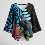 Tui Bird Kakabeak New Zealand Kimono Sleeve Blouse Clianthus Galaxy Maori Koru Pattern