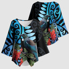 Tui Bird Kakabeak New Zealand Kimono Sleeve Blouse Clianthus Galaxy Maori Koru Pattern