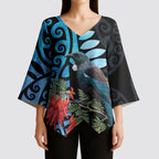 Tui Bird Kakabeak New Zealand Kimono Sleeve Blouse Clianthus Galaxy Maori Koru Pattern