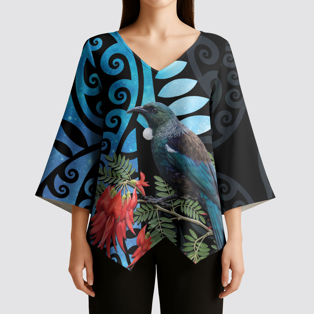 Tui Bird Kakabeak New Zealand Kimono Sleeve Blouse Clianthus Galaxy Maori Koru Pattern