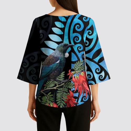 Tui Bird Kakabeak New Zealand Kimono Sleeve Blouse Clianthus Galaxy Maori Koru Pattern