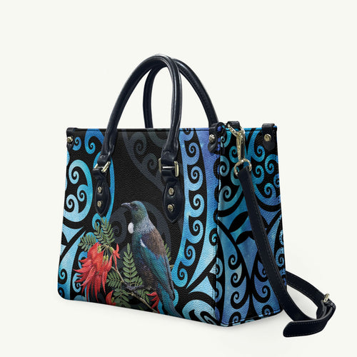 Tui Bird Kakabeak New Zealand Leather Bag Clianthus Galaxy Maori Koru Pattern