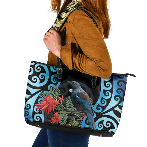 Tui Bird Kakabeak New Zealand Leather Tote Bag Clianthus Galaxy Maori Koru Pattern