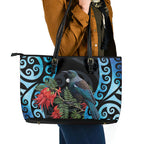 Tui Bird Kakabeak New Zealand Leather Tote Bag Clianthus Galaxy Maori Koru Pattern