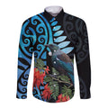 Tui Bird Kakabeak New Zealand Long Sleeve Button Shirt Clianthus Galaxy Maori Koru Pattern