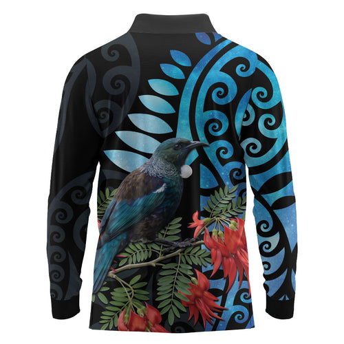 Tui Bird Kakabeak New Zealand Long Sleeve Polo Shirt Clianthus Galaxy Maori Koru Pattern