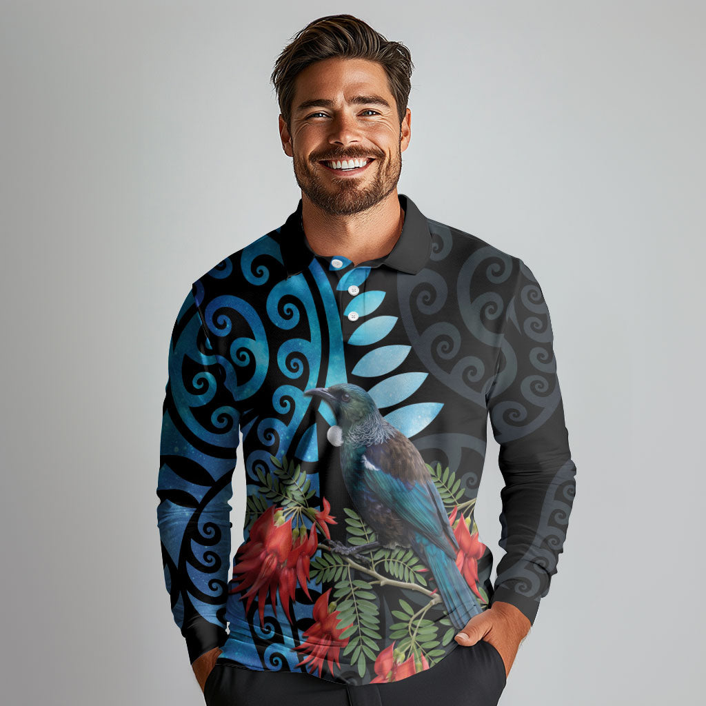 Tui Bird Kakabeak New Zealand Long Sleeve Polo Shirt Clianthus Galaxy Maori Koru Pattern