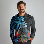 Tui Bird Kakabeak New Zealand Long Sleeve Polo Shirt Clianthus Galaxy Maori Koru Pattern