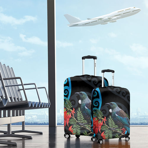 Tui Bird Kakabeak New Zealand Luggage Cover Clianthus Galaxy Maori Koru Pattern