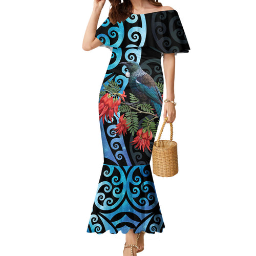 Tui Bird Kakabeak New Zealand Mermaid Dress Clianthus Galaxy Maori Koru Pattern