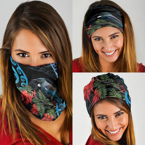 Tui Bird Kakabeak New Zealand Neck Gaiter Clianthus Galaxy Maori Koru Pattern