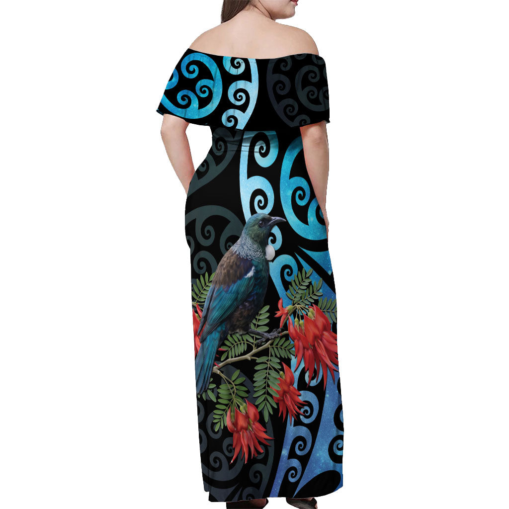 Tui Bird Kakabeak New Zealand Off Shoulder Maxi Dress Clianthus Galaxy Maori Koru Pattern