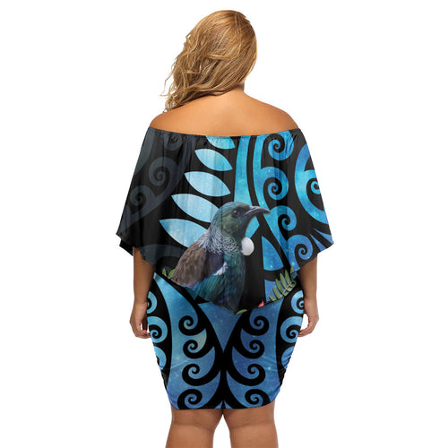 Tui Bird Kakabeak New Zealand Off Shoulder Short Dress Clianthus Galaxy Maori Koru Pattern