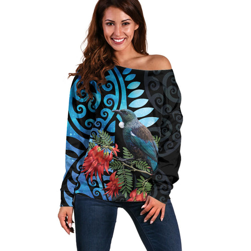 Tui Bird Kakabeak New Zealand Off Shoulder Sweater Clianthus Galaxy Maori Koru Pattern