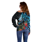 Tui Bird Kakabeak New Zealand Off Shoulder Sweater Clianthus Galaxy Maori Koru Pattern