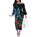 Tui Bird Kakabeak New Zealand Off The Shoulder Long Sleeve Dress Clianthus Galaxy Maori Koru Pattern