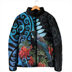 Tui Bird Kakabeak New Zealand Padded Jacket Clianthus Galaxy Maori Koru Pattern