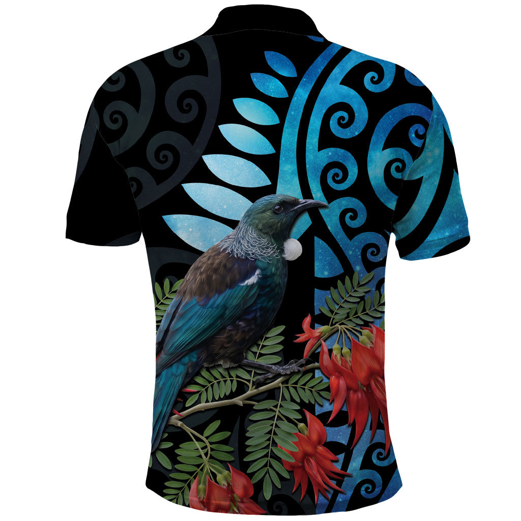 Tui Bird Kakabeak New Zealand Polo Shirt Clianthus Galaxy Maori Koru Pattern