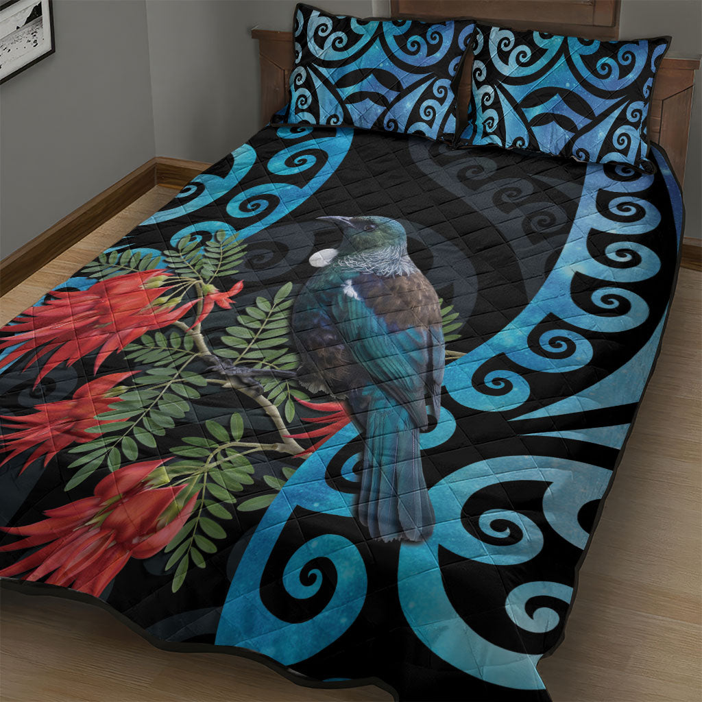 Tui Bird Kakabeak New Zealand Quilt Bed Set Clianthus Galaxy Maori Koru Pattern