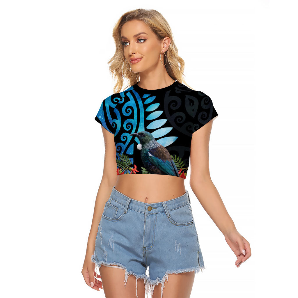 Tui Bird Kakabeak New Zealand Raglan Cropped T Shirt Clianthus Galaxy Maori Koru Pattern