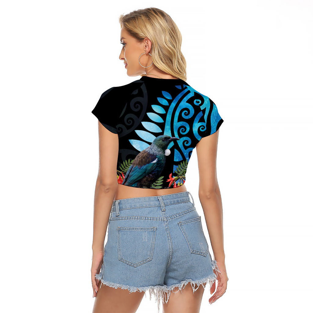Tui Bird Kakabeak New Zealand Raglan Cropped T Shirt Clianthus Galaxy Maori Koru Pattern
