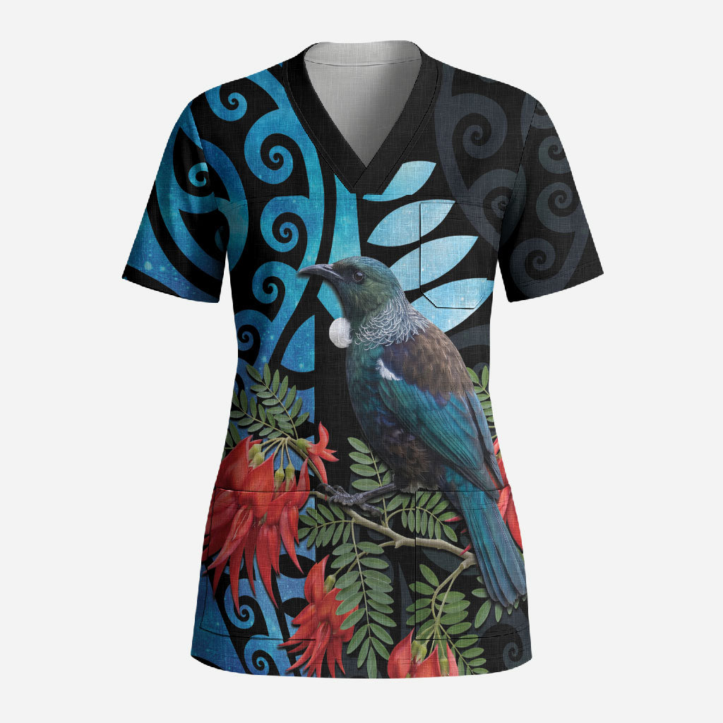 Tui Bird Kakabeak New Zealand Scrub Top Clianthus Galaxy Maori Koru Pattern