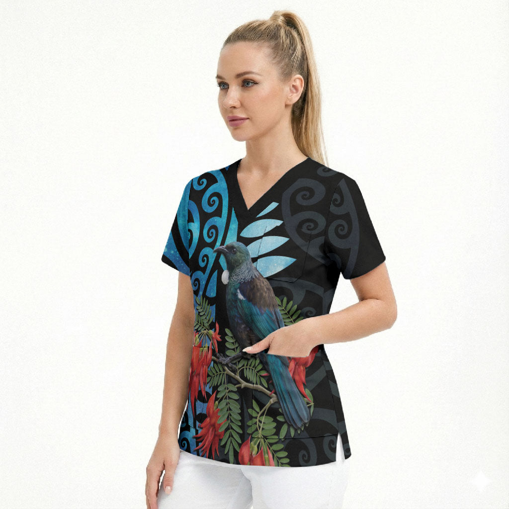 Tui Bird Kakabeak New Zealand Scrub Top Clianthus Galaxy Maori Koru Pattern
