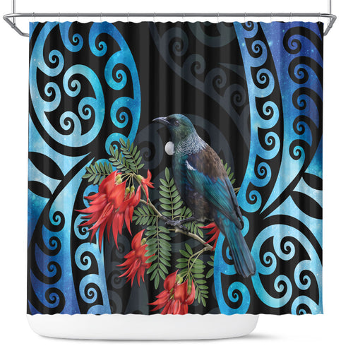 Tui Bird Kakabeak New Zealand Shower Curtain Clianthus Galaxy Maori Koru Pattern