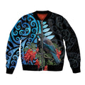 Tui Bird Kakabeak New Zealand Sleeve Zip Bomber Jacket Clianthus Galaxy Maori Koru Pattern