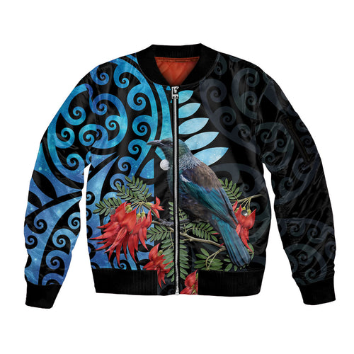 Tui Bird Kakabeak New Zealand Sleeve Zip Bomber Jacket Clianthus Galaxy Maori Koru Pattern