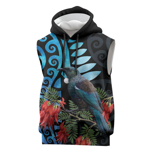 Tui Bird Kakabeak New Zealand Sleeveless Hoodie Clianthus Galaxy Maori Koru Pattern