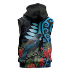 Tui Bird Kakabeak New Zealand Sleeveless Hoodie Clianthus Galaxy Maori Koru Pattern