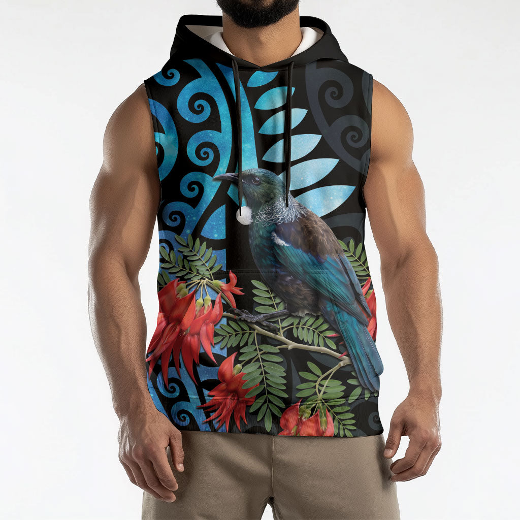 Tui Bird Kakabeak New Zealand Sleeveless Hoodie Clianthus Galaxy Maori Koru Pattern