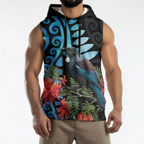 Tui Bird Kakabeak New Zealand Sleeveless Hoodie Clianthus Galaxy Maori Koru Pattern