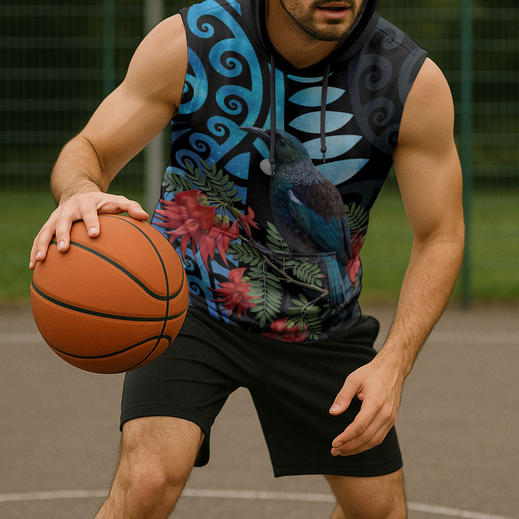 Tui Bird Kakabeak New Zealand Sleeveless Hoodie Clianthus Galaxy Maori Koru Pattern