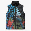 Tui Bird Kakabeak New Zealand Sleeveless Puffer Jacket Clianthus Galaxy Maori Koru Pattern