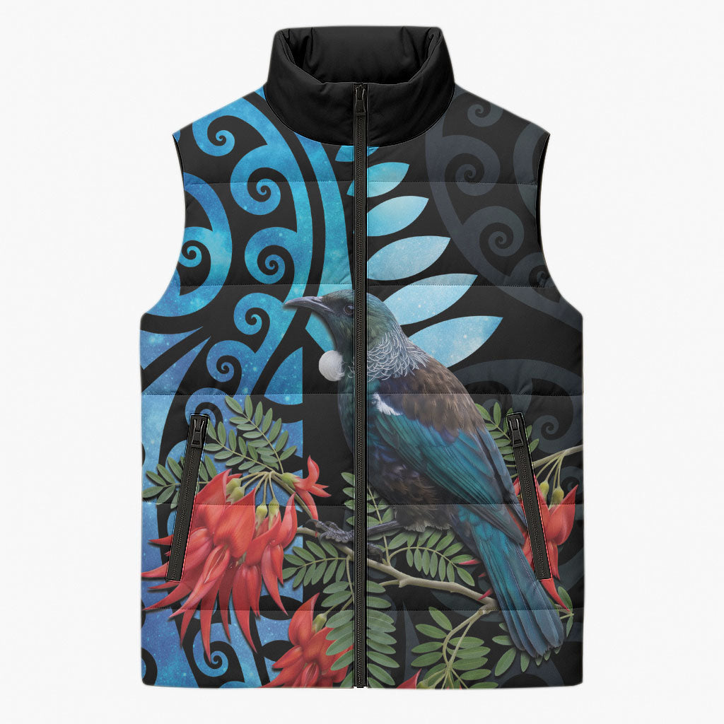 Tui Bird Kakabeak New Zealand Sleeveless Puffer Jacket Clianthus Galaxy Maori Koru Pattern
