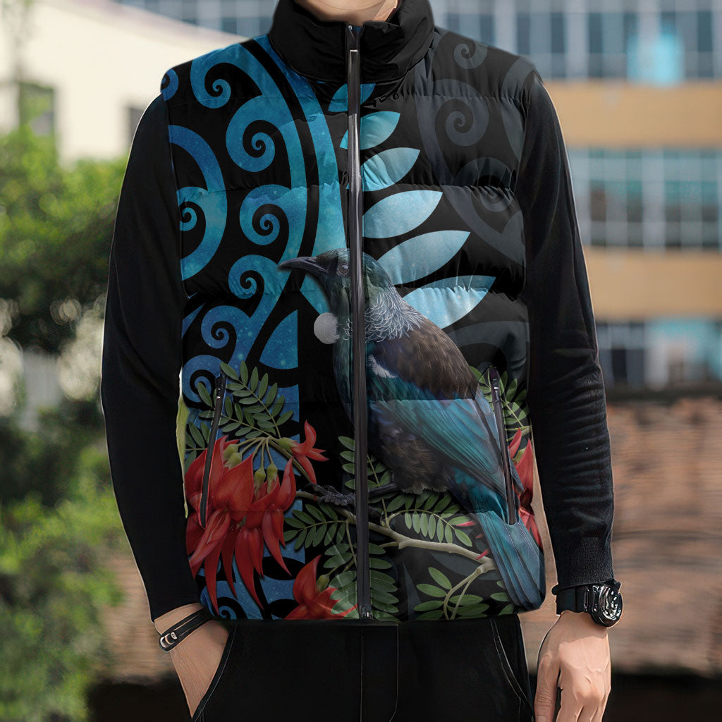 Tui Bird Kakabeak New Zealand Sleeveless Puffer Jacket Clianthus Galaxy Maori Koru Pattern